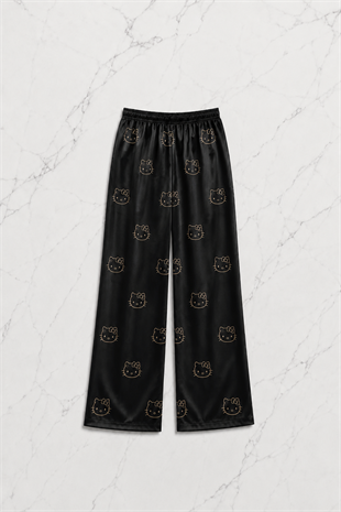 Siyah Hello Kitty Taş Detaylı Saten Homewear Pijama Takımı