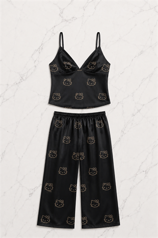 Siyah Hello Kitty Taş Detaylı Saten Homewear Pijama Takımı