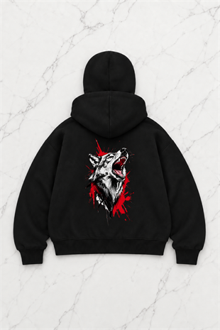 Siyah Howling Wolf Baskılı Kar Maskeli Unisex Sweatshirt Hırka