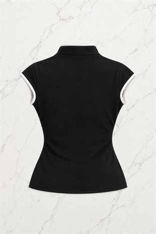 Siyah Japones Style Mandarin Yaka Ejderha Desenli Bluz Crop