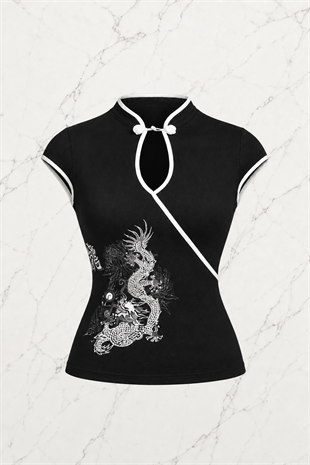 Siyah Japones Style Mandarin Yaka Ejderha Desenli Bluz Crop