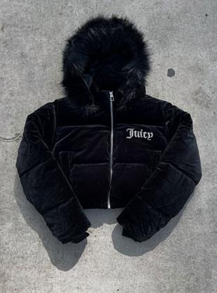 Siyah Juicy Peluş Kapüşonlu Şişme Crop Mont