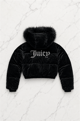Siyah Juicy Peluş Kapüşonlu Şişme Crop Mont