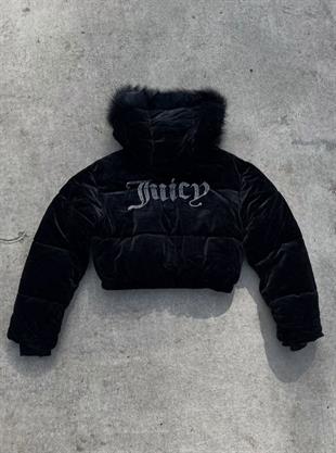 Siyah Juicy Peluş Kapüşonlu Şişme Crop Mont