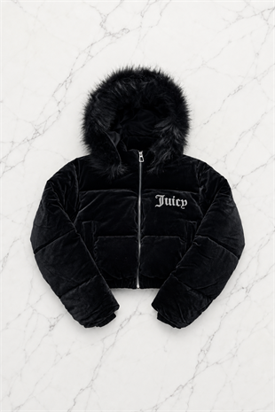 Siyah Juicy Peluş Kapüşonlu Şişme Crop Mont