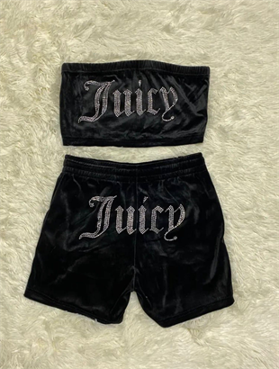 Siyah Juicy Taşlı Crush Kadife Şort Takım