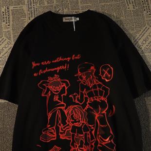 Siyah Karikatür Karekter Detaylı Oversize Unisex T-shirt