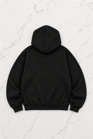 Siyah Kelebek Kanat Unisex Kapüşonlu Fermuarlı Hırka