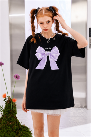 Siyah Kurdele Detail Oversize Unisex T-shirt