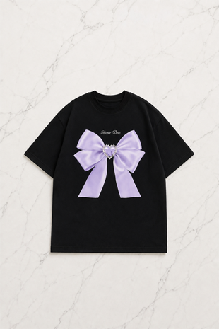 Siyah Kurdele Detail Oversize Unisex T-shirt