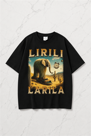Siyah Lirili Larila Baskılı Yıkamalı Vintage Unisex Oversize T-Shirt