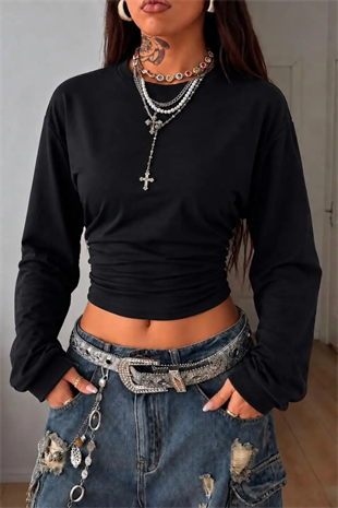 Siyah LOOC Corset Uzun Kollu Beli Büzgülü Bluz
