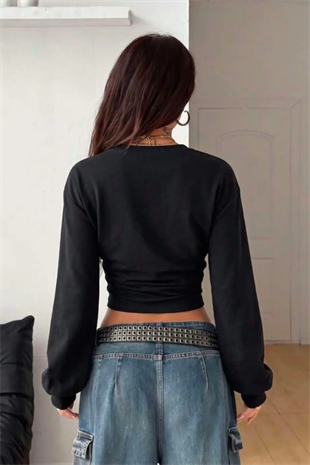 Siyah LOOC Corset Uzun Kollu Beli Büzgülü Bluz