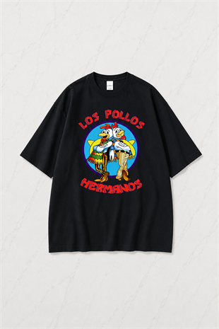 Siyah Los Pollos Baskılı Unisex Oversize T-shirt