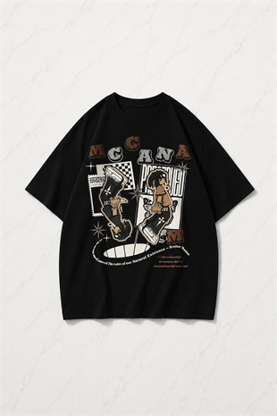 Siyah Mcana Baskılı Kısa Kol Oversize T-Shirt