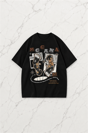 Siyah Mcana Baskılı Kısa Kol Oversize T-Shirt