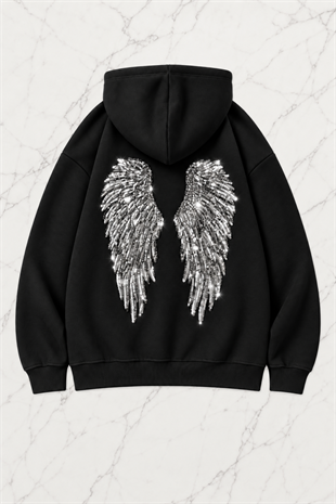Siyah Melek Parıltılı Taş Detaylı Oversize Sweatshirt