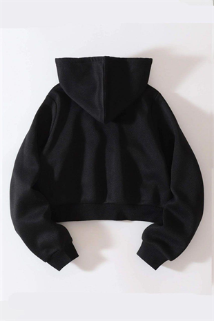 Siyah Mevsimlik Crop-Top Fermuarlı Kapüşonlu