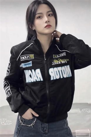 Siyah Motor Racer Retro Y2K Unisex Ceket