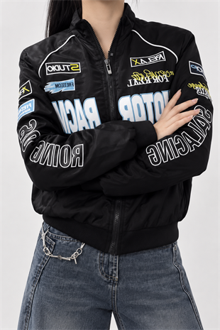 Siyah Motor Racer Retro Y2K Unisex Ceket
