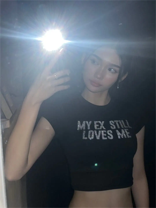 Siyah My Ex Stıll Loves Me Taş Baskılı Crop