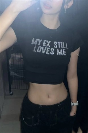Siyah My Ex Stıll Loves Me Taş Baskılı Crop