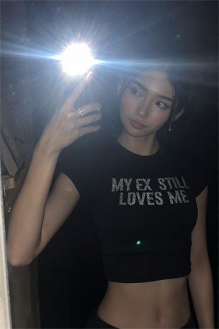 Siyah My Ex Stıll Loves Me Taş Baskılı Crop