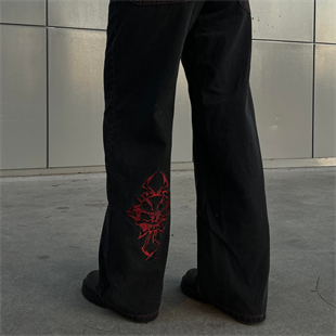 Siyah Nakışlı Skeleton Heaven Can Wait Streetwear Jean Pantolon