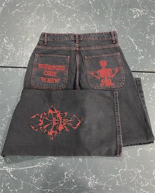 Siyah Nakışlı Skeleton Heaven Can Wait Streetwear Jean Pantolon
