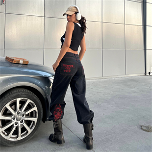 Siyah Nakışlı Skeleton Heaven Can Wait Streetwear Jean Pantolon