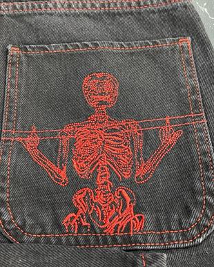 Siyah Nakışlı Skeleton Heaven Can Wait Streetwear Jean Pantolon