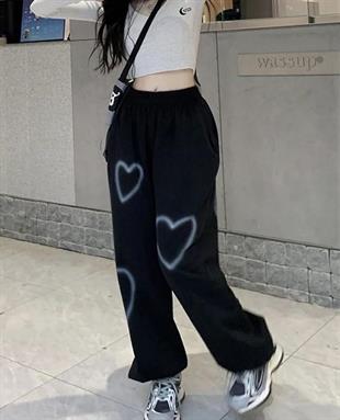 Siyah Oversize Kalp Detail Eşofman Altı