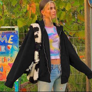 Siyah Oversize Unisex Mevsimlik  Fermuarlı Kapşonlu Hırka