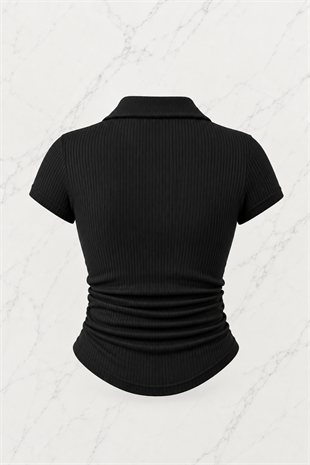 Siyah Polo Yaka Fitilli Likralı Bluz
