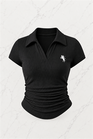Siyah Polo Yaka Fitilli Likralı Bluz