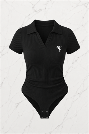 Siyah Polo Yaka Fitilli Likralı Premium Zıbın