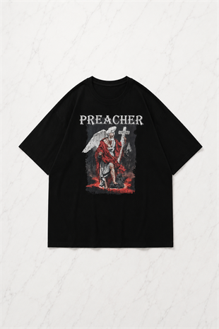 Siyah Preacher Baskılı Kısa Kol Oversize T-Shirt