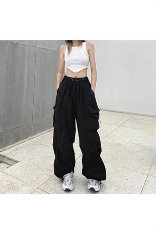 Siyah Renkli Tactical Kargo Cepli Lastikli Bol Kalıp Baggy Oversize Pantolon 