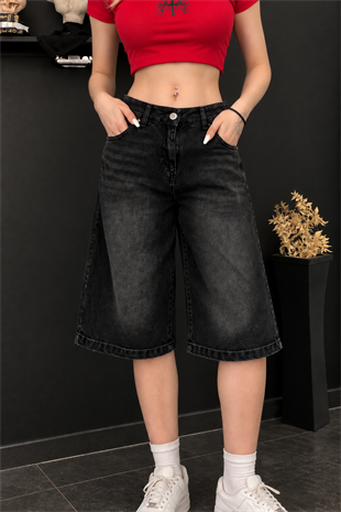 Siyah Retro Eskitme Premium Kot Şort