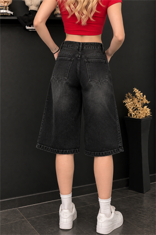 Siyah Retro Eskitme Premium Kot Şort