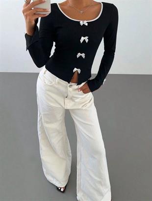 Siyah Ribbon Dekolteli Uzun Kollu Crop