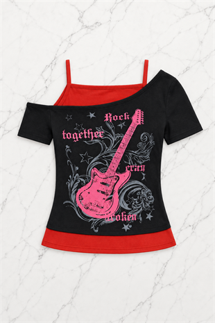 Siyah Rock Together Pink Guitar Ek Askılı Kısa Kollu Gotik Y2K Full Body Crop-rf