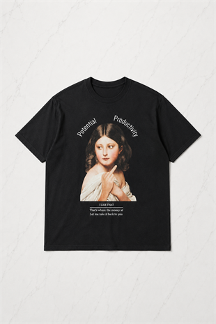 Siyah Rönesans Kız Baskılı Kısa Kol Oversize T-Shirt