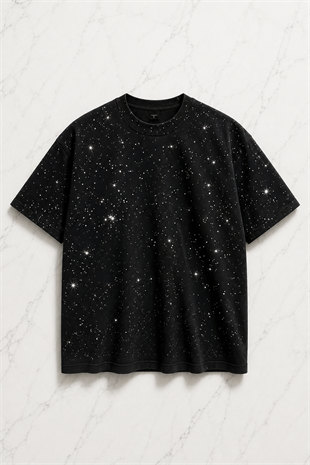 Siyah Shine Parıltılı Simli Oversize Unisex T-shirt