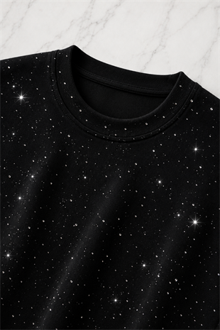 Siyah Shine Parıltılı Simli Oversize Unisex T-shirt