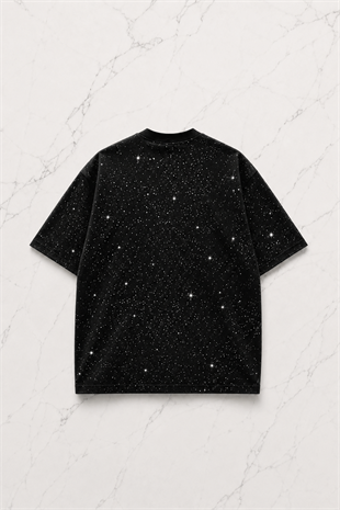 Siyah Shine Parıltılı Simli Oversize Unisex T-shirt