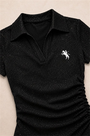Siyah Simli Polo Yaka Büzgülü Bluz