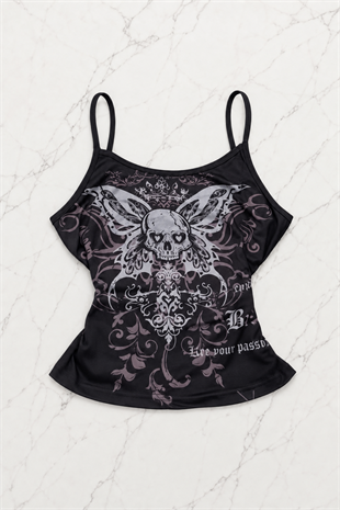 Siyah Skull Ambition Gotik Rose Y2K Askılı Crop