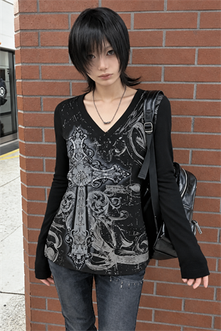 Siyah Skull Motifli Gotik Grunge Y2K Uzun Kollu Crop