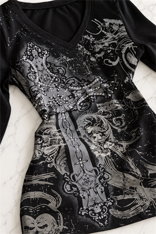 Siyah Skull Motifli Gotik Grunge Y2K Uzun Kollu Crop